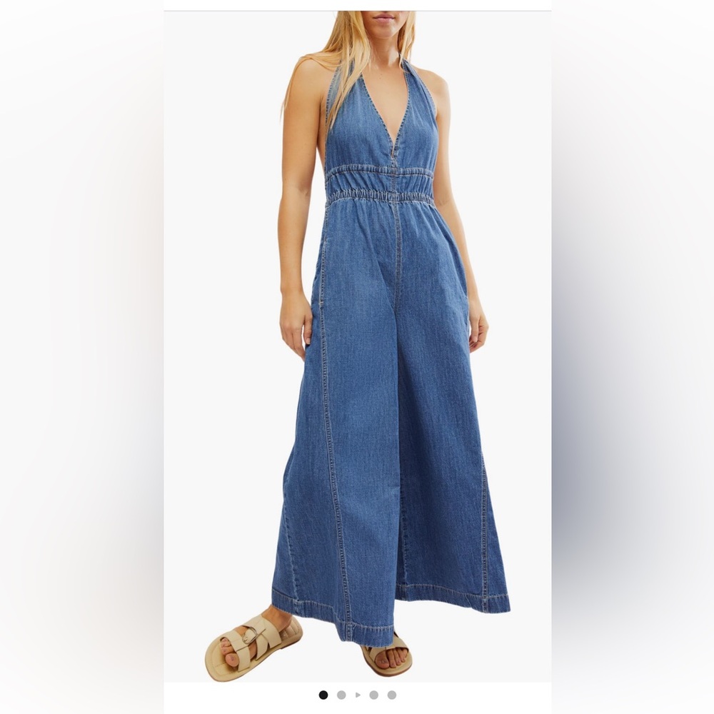 NWOT Free People Sunrays Denim Halter Jumpsuit